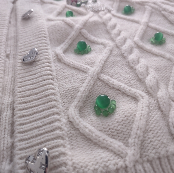 MUKZIN Wool Korean Unique Bunny Bejeweled Knitted Beige Cardigan Sweater - Picture 11 of 16